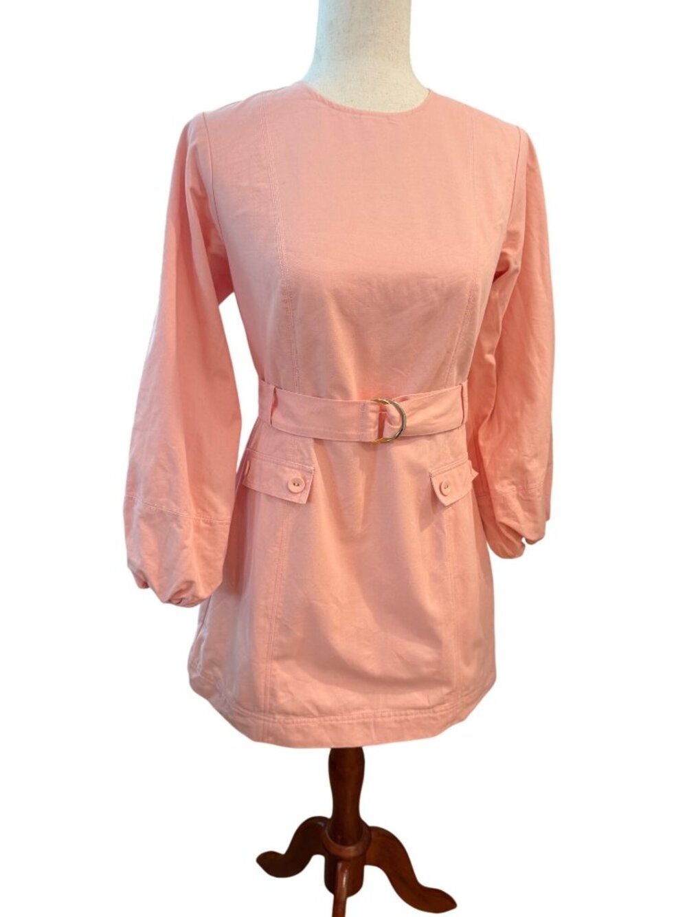 MinkPink Pink Belted Mini Dress Small Long Sleeve A-Line Pockets Gold Ring Belt